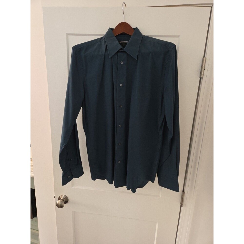 #112 Express 1MX 17-17.5 modern fit teal solid button up men shirt